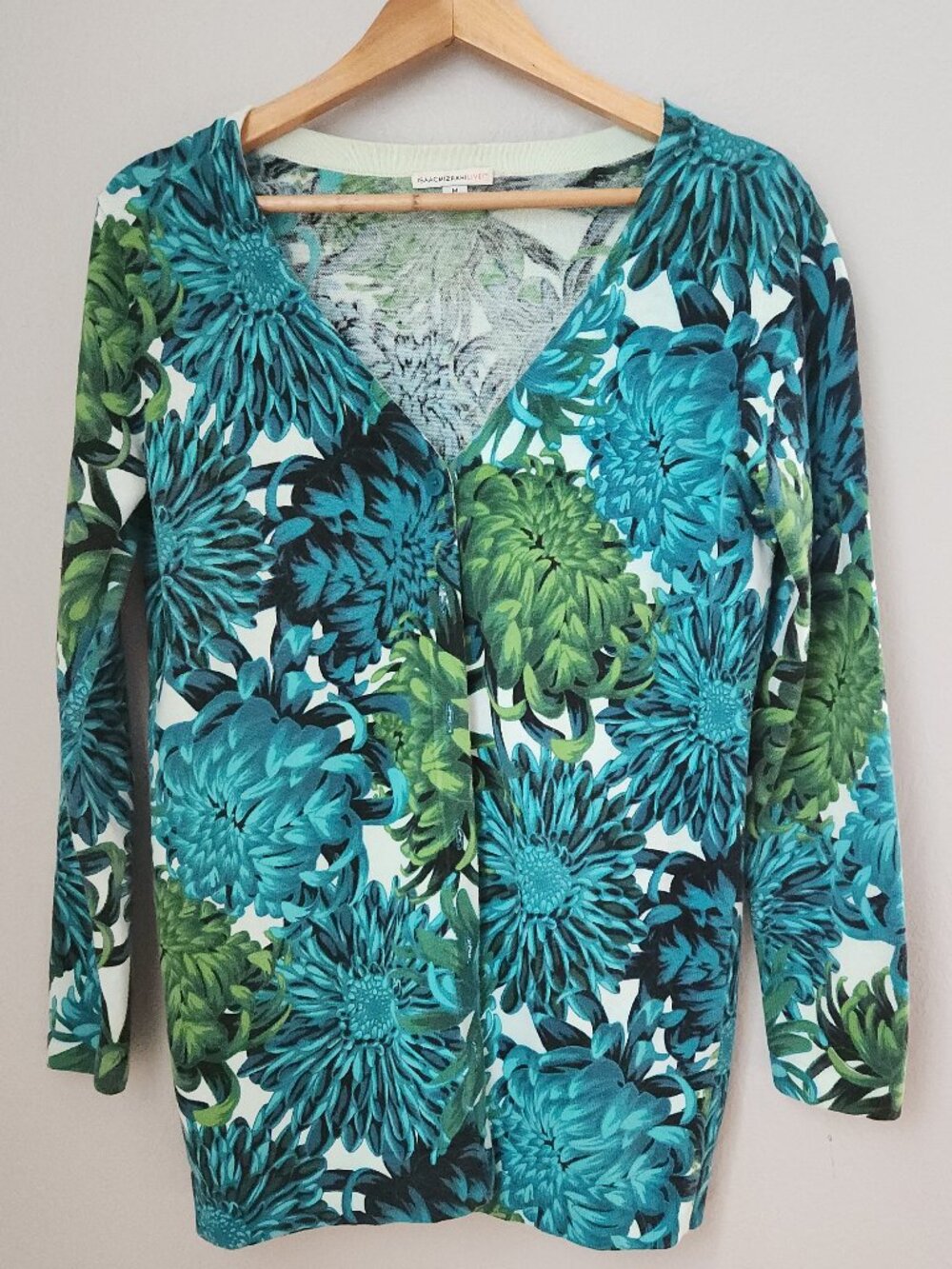 Isaac Mizrahi Live Bold Teal Floral Cardigan Size Medium